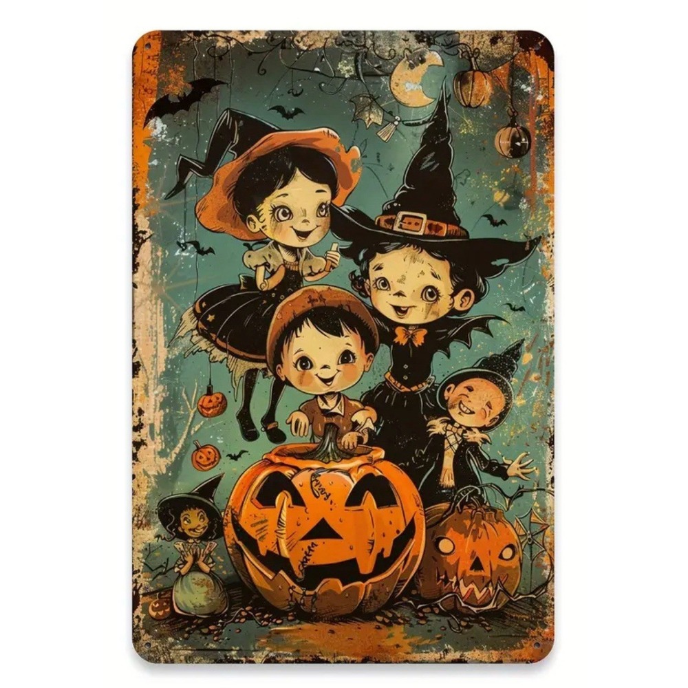New Vintage Halloween Pumpkin Tin Metal Sign Plaque 8x12 Decoration Witches Kids